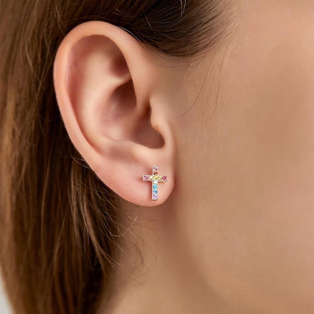 Cross Stud Earrings for Women Cubic Zirconia Brass Hypoallergenic Gift Box - Picture 2 of 4